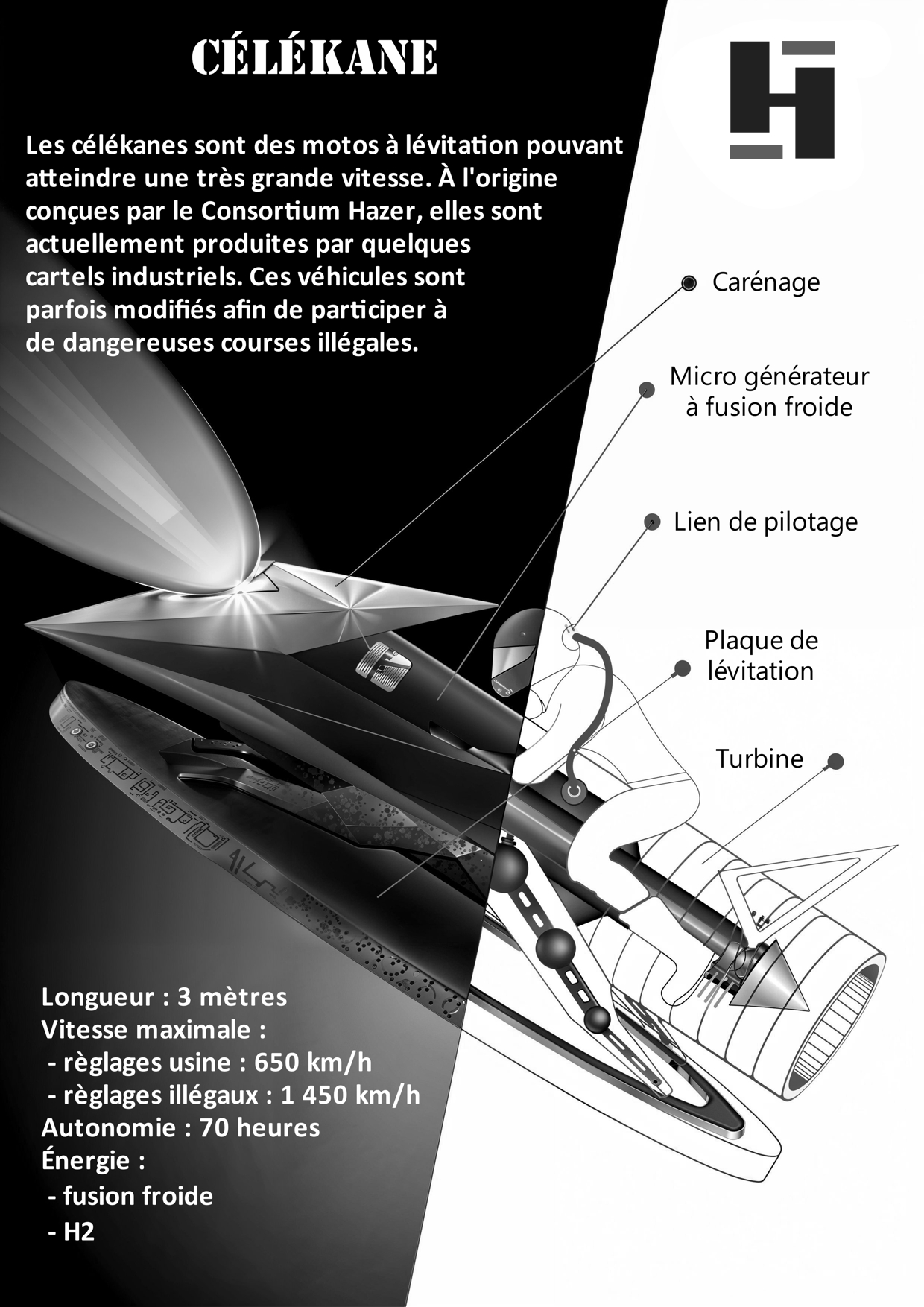 Plan de la Célékane, une moto à lévitation dans la série de romans space fantasy : Galaxy Fantasy
